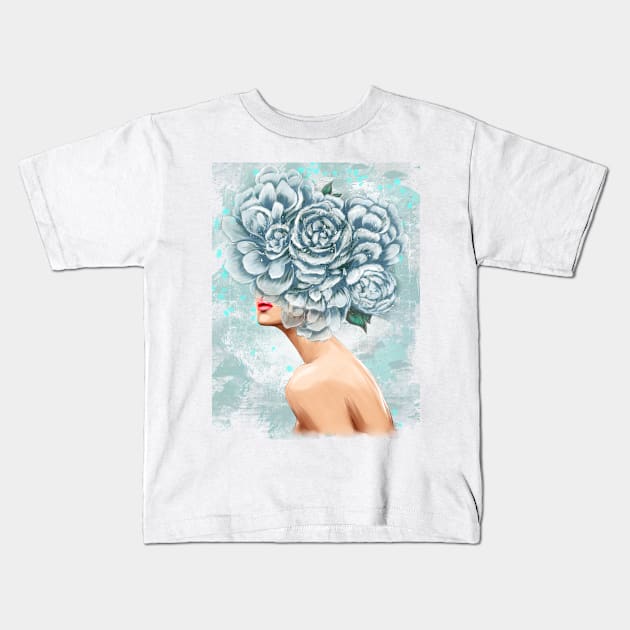 Girl with big peonies on her head Kids T-Shirt by Olena Tyshchenko